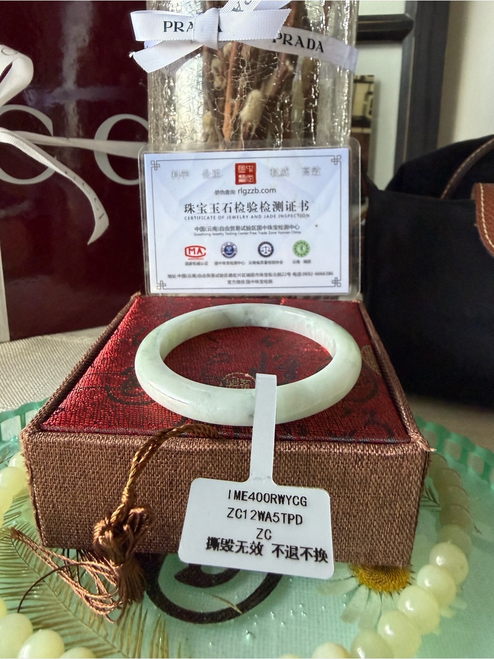 Pale Green Jade Circular Bangle Bracelet 54”